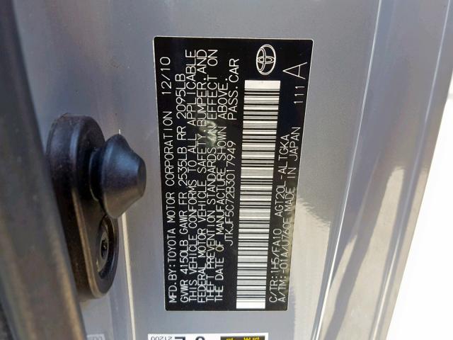 JTKJF5C72B3017949 - 2011 TOYOTA SCION TC GRAY photo 10