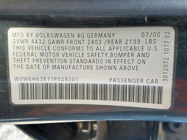 WVWBH63B71P029201 - 2001 VOLKSWAGEN PASSAT GLX 银色 照片 10