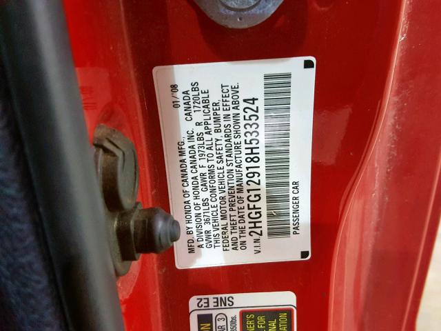 2HGFG12918H533524 - 2008 HONDA CIVIC EXL RED photo 10