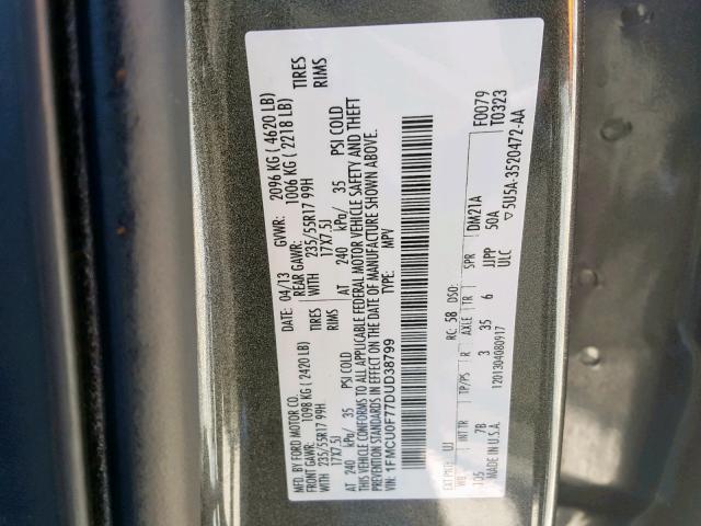 1FMCU0F77DUD38799 - 2013 FORD ESCAPE S GRAY photo 10