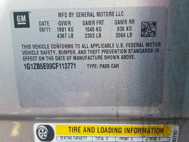 1G1ZB5E09CF113771 - 2012 CHEVROLET MALIBU LS SILVER photo 10