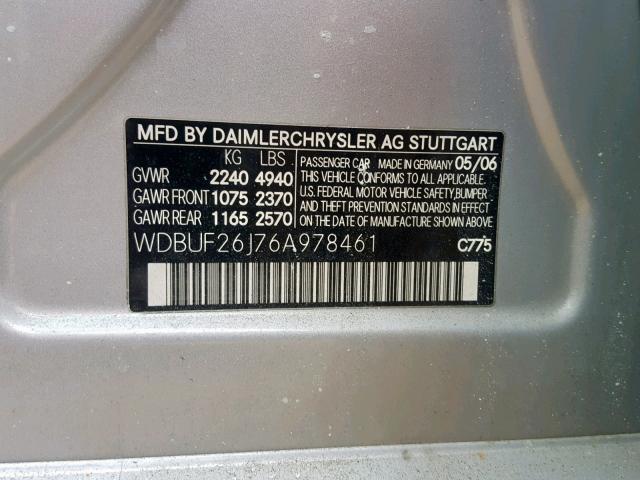 WDBUF26J76A978461 - 2006 MERCEDES-BENZ E 320 CDI SILVER photo 10