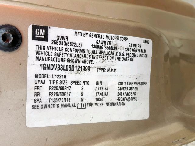 1GNDV33L06D121999 - 2006 CHEVROLET UPLANDER L 金色 照片 10