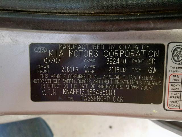 KNAFE121185495683 - 2008 KIA SPECTRA EX SILVER photo 10