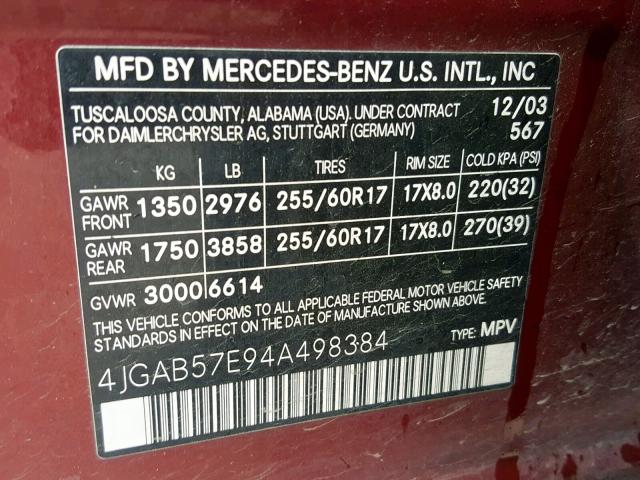 4JGAB57E94A498384 - 2004 MERCEDES-BENZ ML 350 RED photo 10