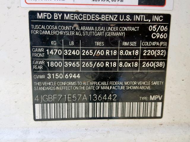 4JGBF71E57A136442 - 2007 MERCEDES-BENZ GL 450 4MA CREAM photo 10