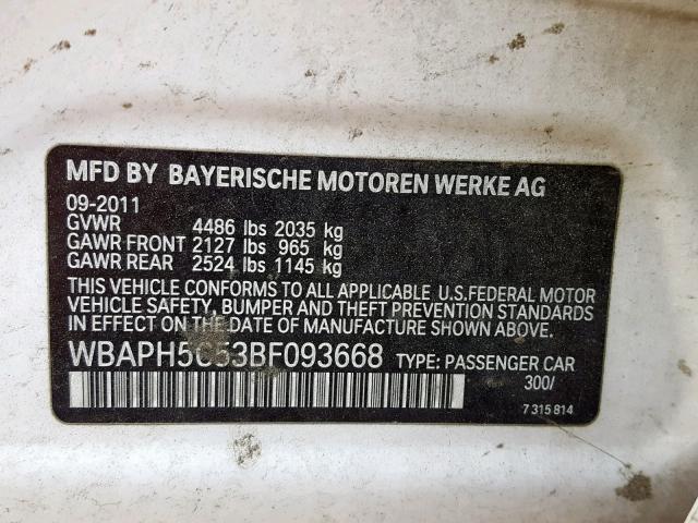 WBAPH5C53BF093668 - 2011 BMW 328 I SULE WHITE photo 10