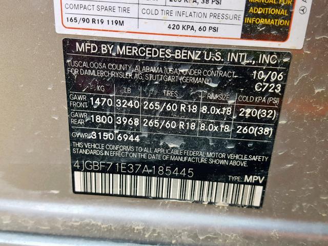 4JGBF71E37A185445 - 2007 MERCEDES-BENZ GL 450 4MA GRAY photo 10