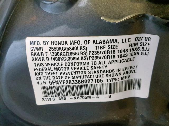 5FNYF28338B027105 - 2008 HONDA PILOT SE GRAY photo 10