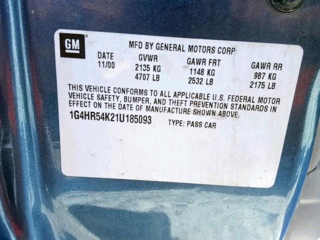 1G4HR54K21U185093 - 2001 BUICK LESABRE LI BLUE photo 10