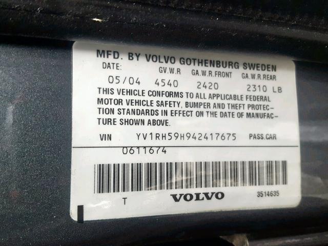 YV1RH59H942417675 - 2004 VOLVO S60 2.5T GRAY photo 10