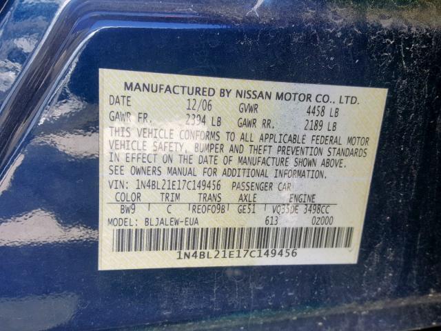 1N4BL21E17C149456 - 2007 NISSAN ALTIMA 3.5 BLUE photo 10