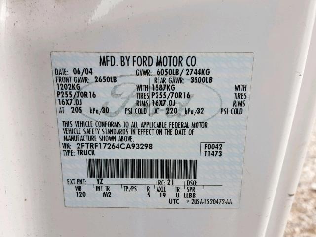 2FTRF17264CA93298 - 2004 FORD F-150 HERI WHITE photo 10