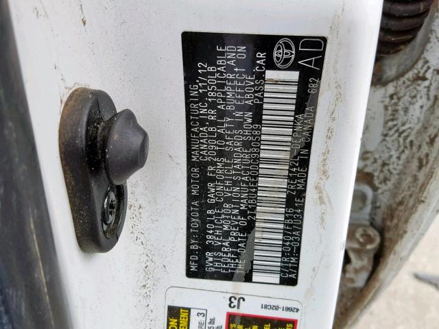 2T1BU4EE0DC980589 - 2013 TOYOTA COROLLA BA WHITE photo 10