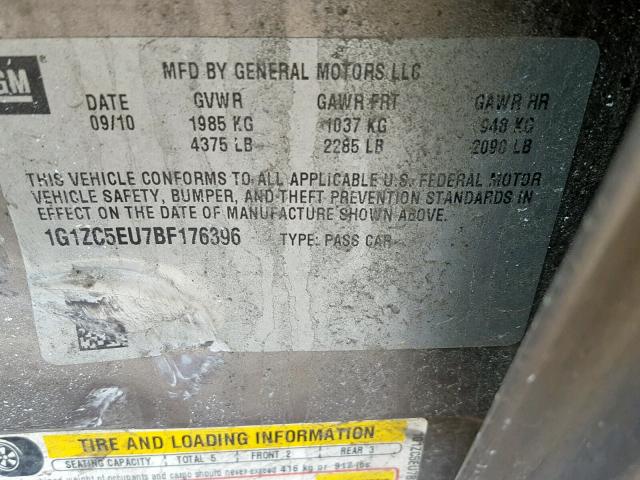 1G1ZC5EU7BF176396 - 2011 CHEVROLET MALIBU 1LT ყავისფერი ფოტო 10