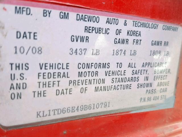 KL1TD66E49B610791 - 2009 CHEVROLET AVEO LS RED photo 10