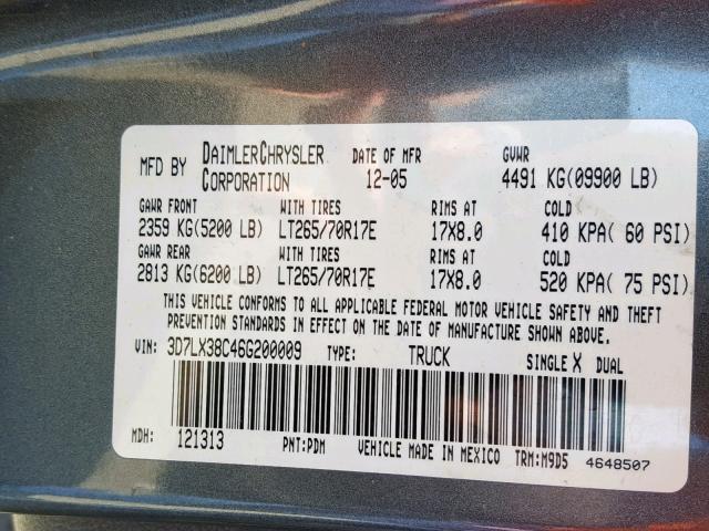 3D7LX38C46G200009 - 2006 DODGE RAM 3500 S GRAY photo 10