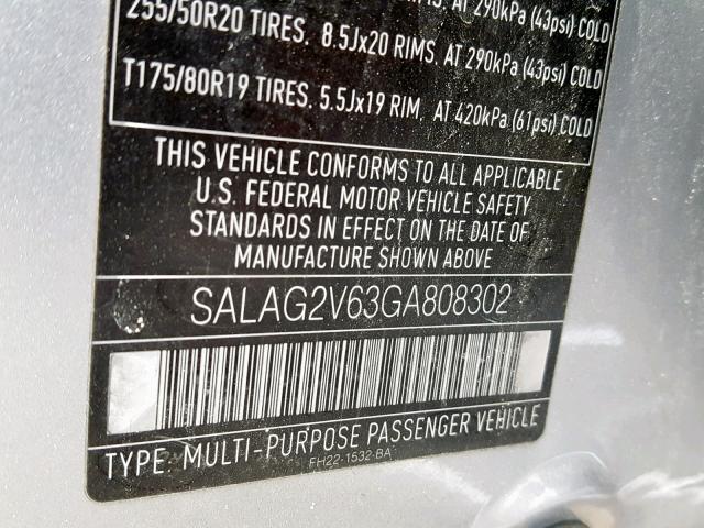 SALAG2V63GA808302 - 2016 LAND ROVER LR4 HSE SILVER photo 10