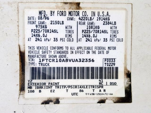 1FTCR10A8VUA32356 - 1997 FORD RANGER WHITE photo 10