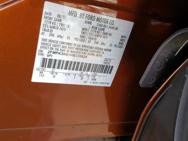 2FMPK3K81HBC55629 - 2017 FORD EDGE TITAN ORANGE photo 10