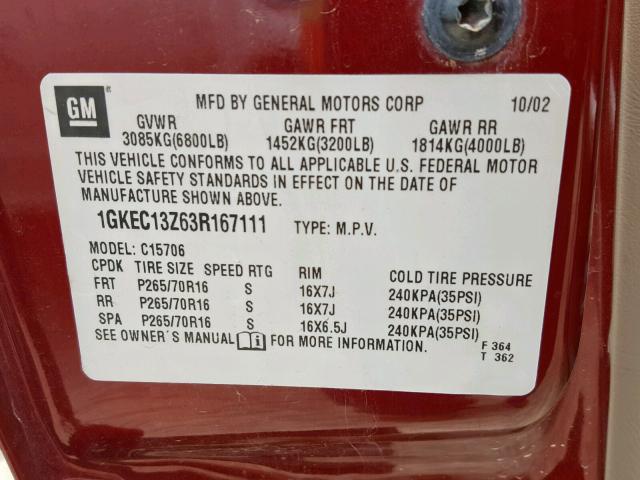 1GKEC13Z63R167111 - 2003 GMC YUKON RED photo 10