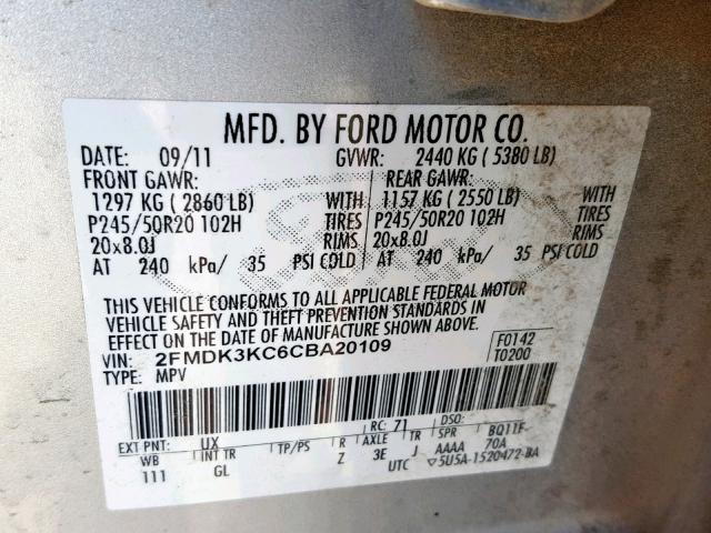 2FMDK3KC6CBA20109 - 2012 FORD EDGE LIMIT SILVER photo 10