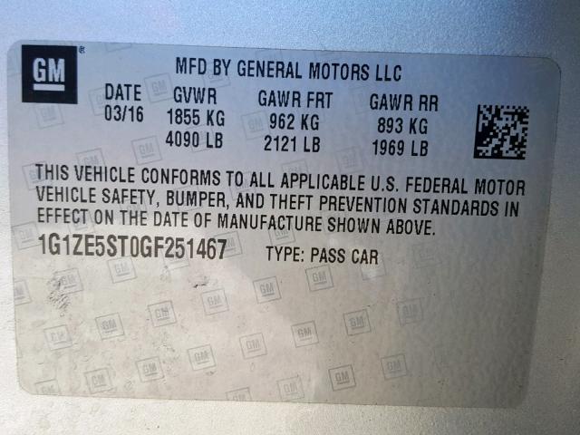 1G1ZE5ST0GF251467 - 2016 CHEVROLET MALIBU LT SILVER photo 10