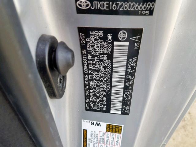 JTKDE167280266699 - 2008 TOYOTA SCION TC ვერცხლისფერი ფოტო 10