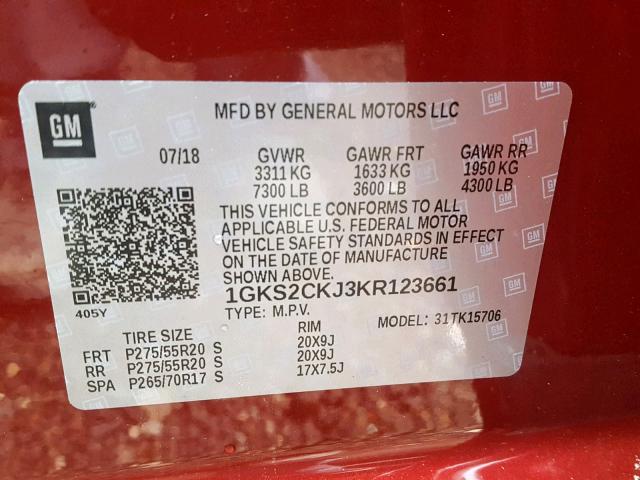 1GKS2CKJ3KR123661 - 2019 GMC YUKON DENA MAROON photo 10