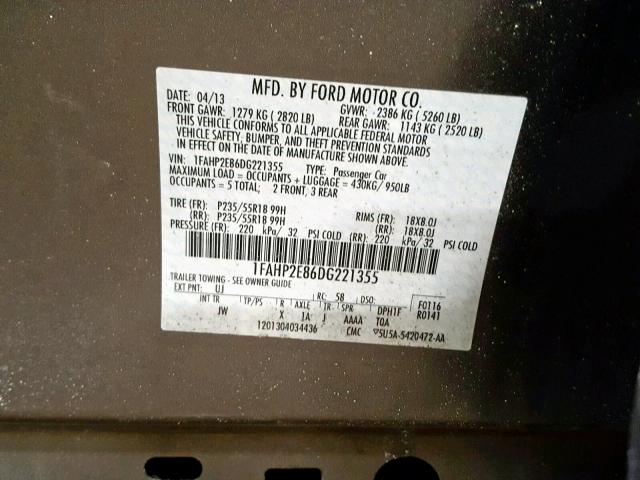 1FAHP2E86DG221355 - 2013 FORD TAURUS SEL GRAY photo 10