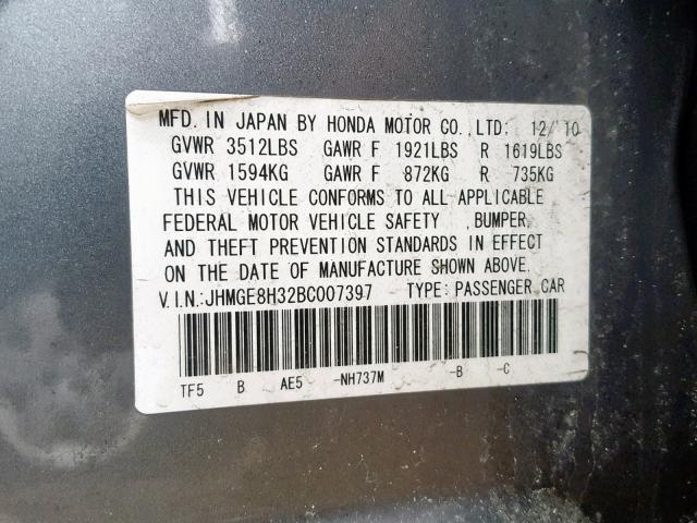 JHMGE8H32BC007397 - 2011 HONDA FIT GRAY photo 10