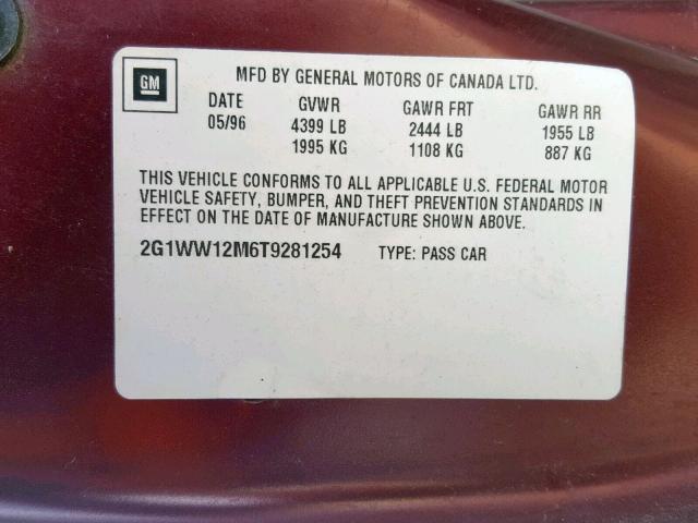 2G1WW12M6T9281254 - 1996 CHEVROLET MONTE CARL MAROON photo 10