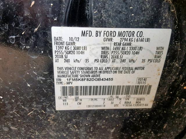 1FM5K8F82DGB43455 - 2013 FORD EXPLORER L BLACK photo 10