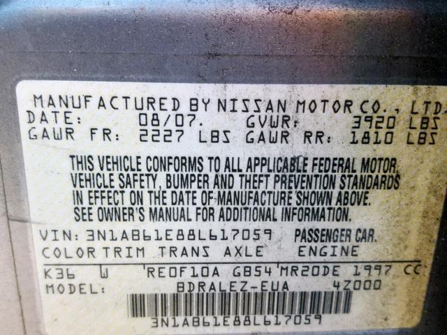 3N1AB61E88L617059 - 2008 NISSAN SENTRA 2.0 PINK photo 10