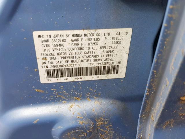 JHMGE8H2XAC027130 - 2010 HONDA FIT BLUE photo 10