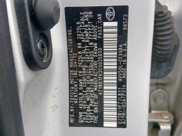 4T1BD1FK2CU025650 - 2012 TOYOTA CAMRY HYBR SILVER photo 10