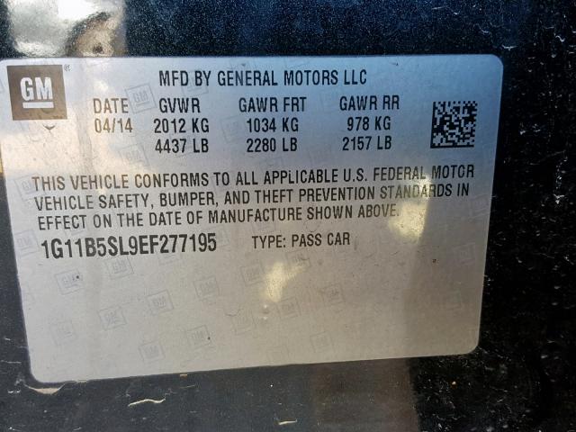 1G11B5SL9EF277195 - 2014 CHEVROLET MALIBU LS 黑色 照片 10