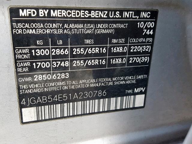 4JGAB54E51A230786 - 2001 MERCEDES-BENZ ML 320 SILVER photo 10