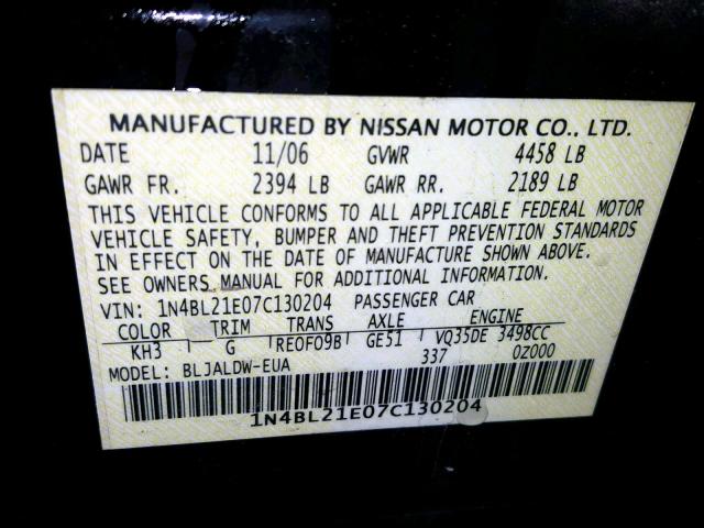 1N4BL21E07C130204 - 2007 NISSAN ALTIMA 3.5 BLACK photo 10