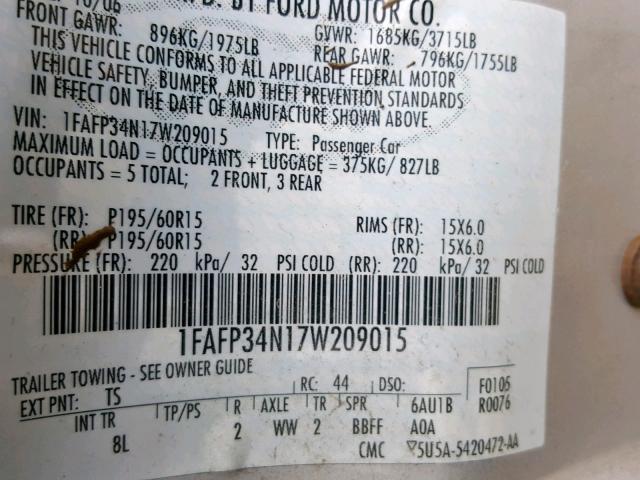 1FAFP34N17W209015 - 2007 FORD FOCUS ZX4 SILVER photo 10