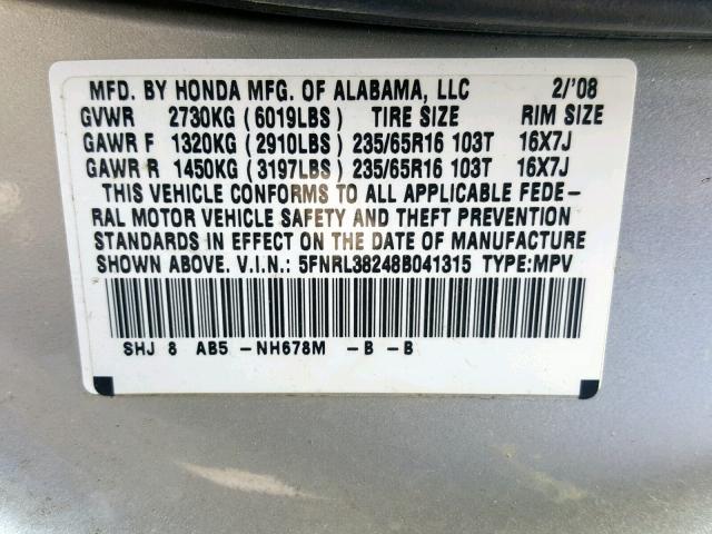 5FNRL38248B041315 - 2008 HONDA ODYSSEY LX SILVER photo 10