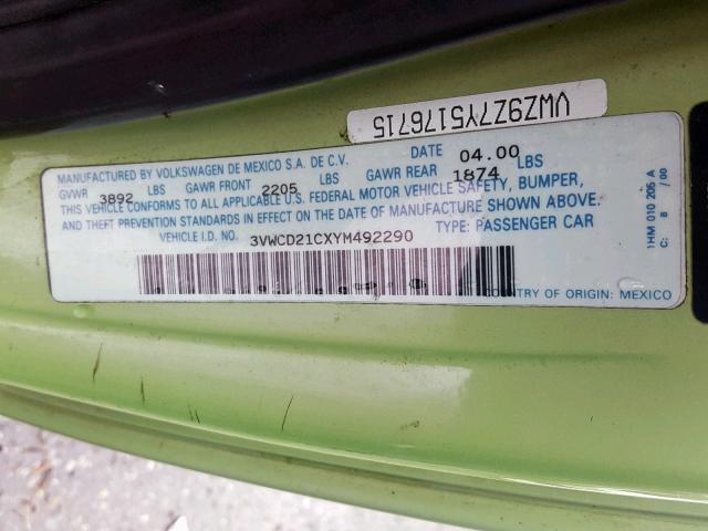 3VWCD21CXYM492290 - 2000 VOLKSWAGEN NEW BEETLE Grün Foto 10