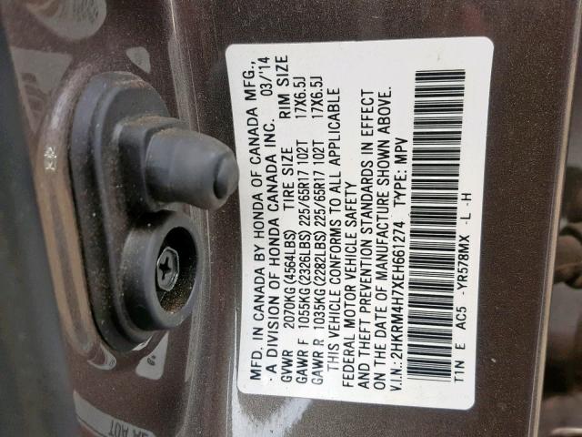 2HKRM4H7XEH661274 - 2014 HONDA CR-V EXL BROWN photo 10