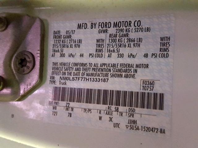 NM0LS7F77H1333187 - 2017 FORD TRANSIT CO WHITE photo 10