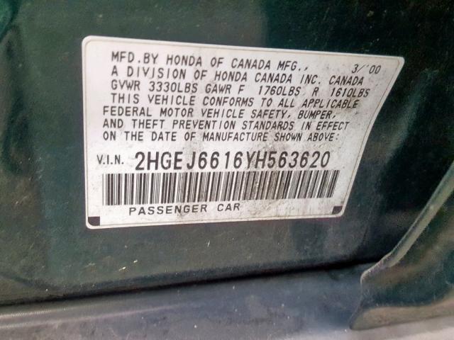 2HGEJ6616YH563620 - 2000 HONDA CIVIC BASE Yaşıl foto 10