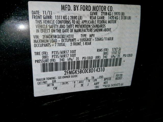 2FMGK5BC0CBD14310 - 2012 FORD FLEX SE BLACK photo 10