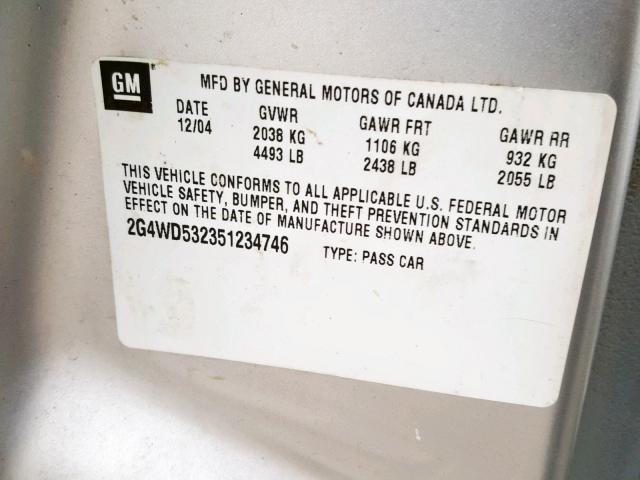 2G4WD532351234746 - 2005 BUICK LACROSSE C SILVER photo 10