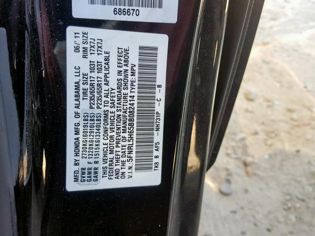 5FNRL5H65BB082414 - 2011 HONDA ODYSSEY EX BLACK photo 10