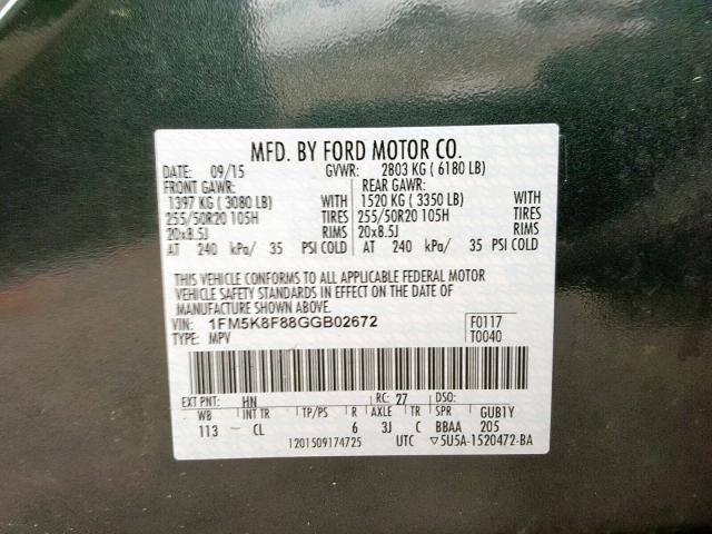 1FM5K8F88GGB02672 - 2016 FORD EXPLORER L GREEN photo 10