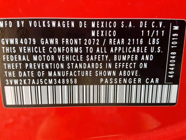 3VW2K7AJ5CM348958 - 2012 VOLKSWAGEN JETTA BASE RED photo 10